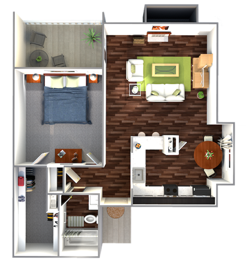 Floor plan for 1 bed, 1 bath, 729 sqft